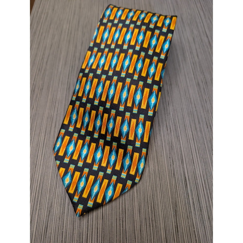 J Riggins Mens Silk Tie Yellow Teal Geometric Diamond Pattern Italian Silk 3.75